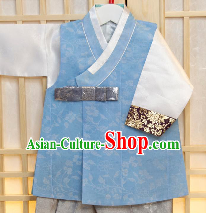 Korea Children Garment Blue Vest White Shirt and Grey Pants Korean Boys Prince Birthday Fashion Costumes Traditional Hanbok Clothing