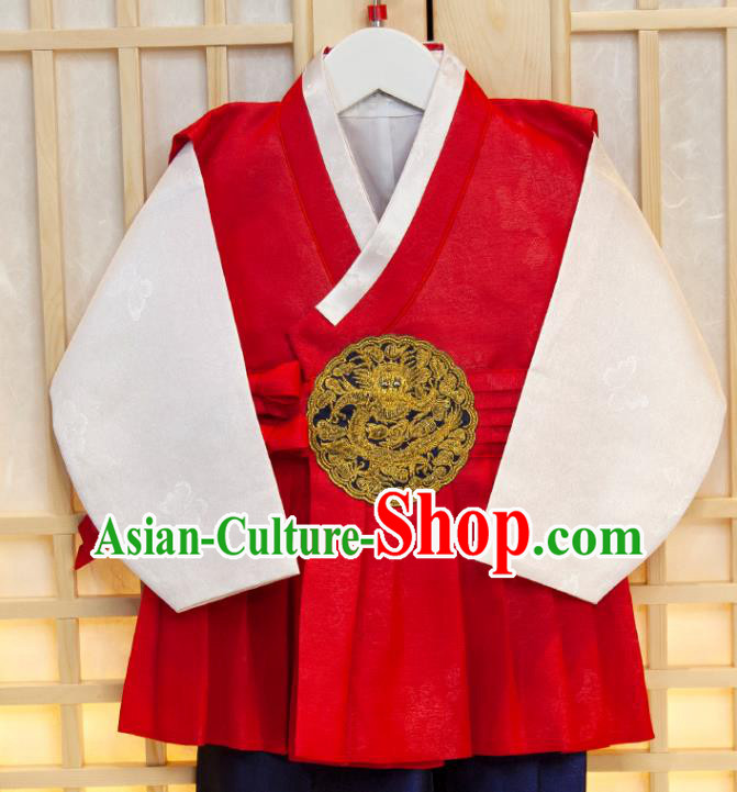 Korea Children Red Vest White Shirt and Navy Pants Traditional Garment Costumes Korean Boys Prince Birthday Fashion Hanbok Clothing