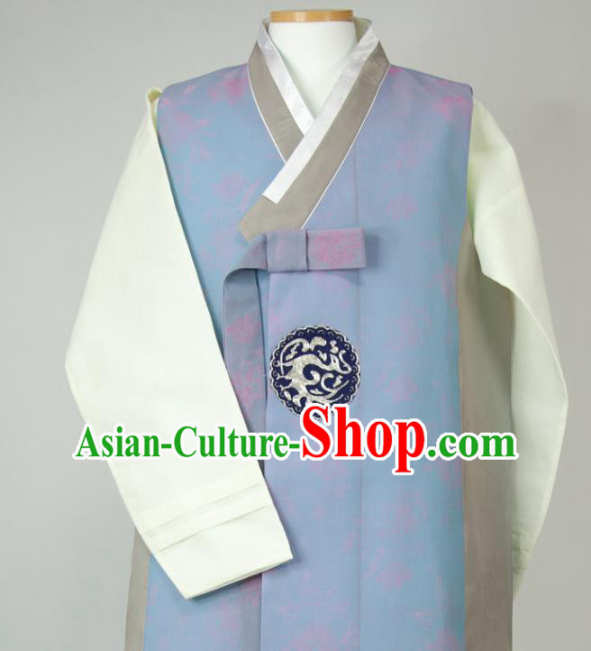 Korean Hanbok Young Male Blue Long Vest Beige Shirt and Grey Pants Traditional Costumes Korea Classical Wedding Bridegroom Clothing