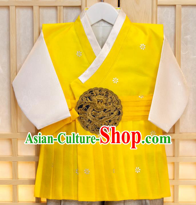 Korean Hanbok Clothing Korea Boys Prince Birthday Fashion Children Yellow Vest White Shirt and Grey Pants Traditional Garment Costumes