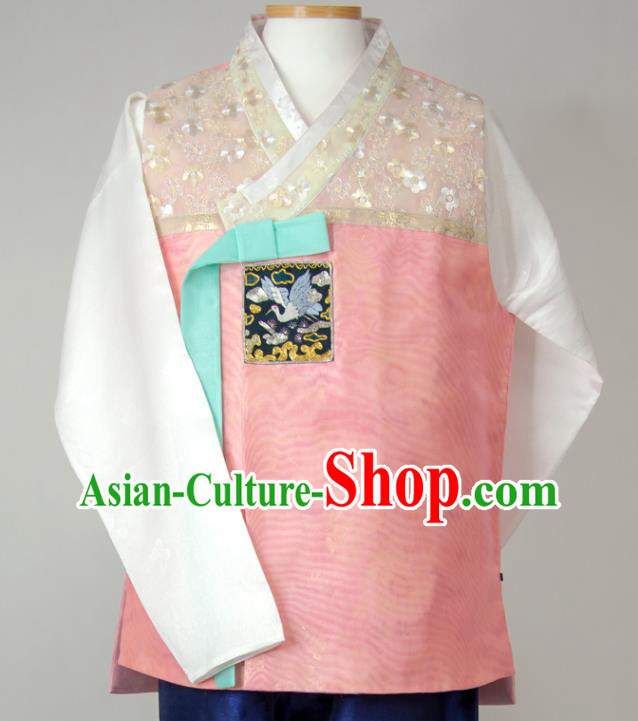 Korea Wedding Hanbok Young Man Pink Vest White Shirt and Navy Pants Korean Traditional Bridegroom Costumes Festival Clothing