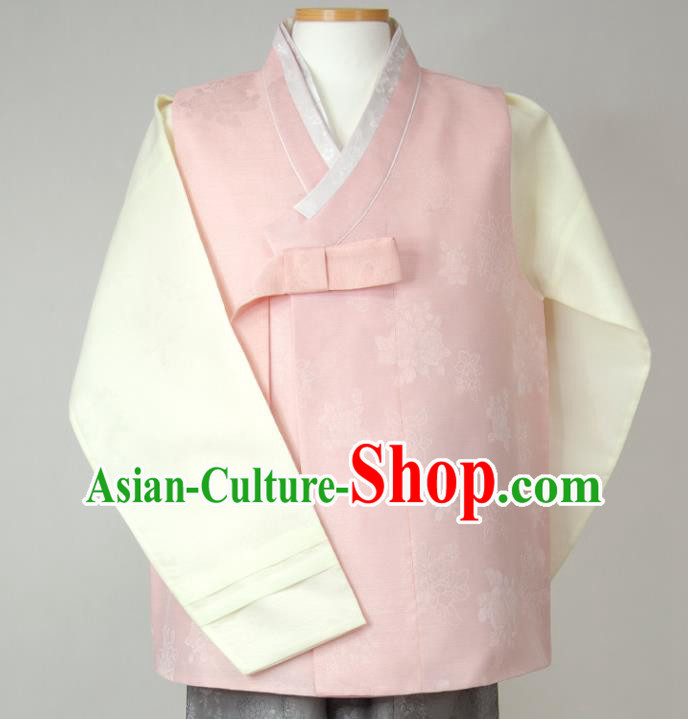 Korea Festival Clothing Wedding Hanbok Young Man Pink Vest Beige Shirt and Grey Pants Korean Traditional Bridegroom Costumes