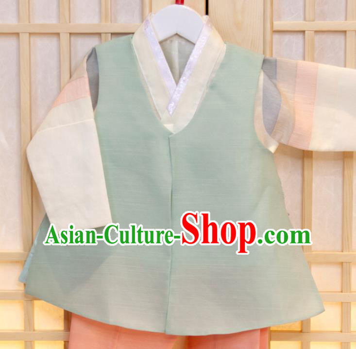 Korean Traditional Garment Costumes Hanbok Clothing Korea Boys Prince Birthday Fashion Children Green Vest White Shirt and Pink Pants