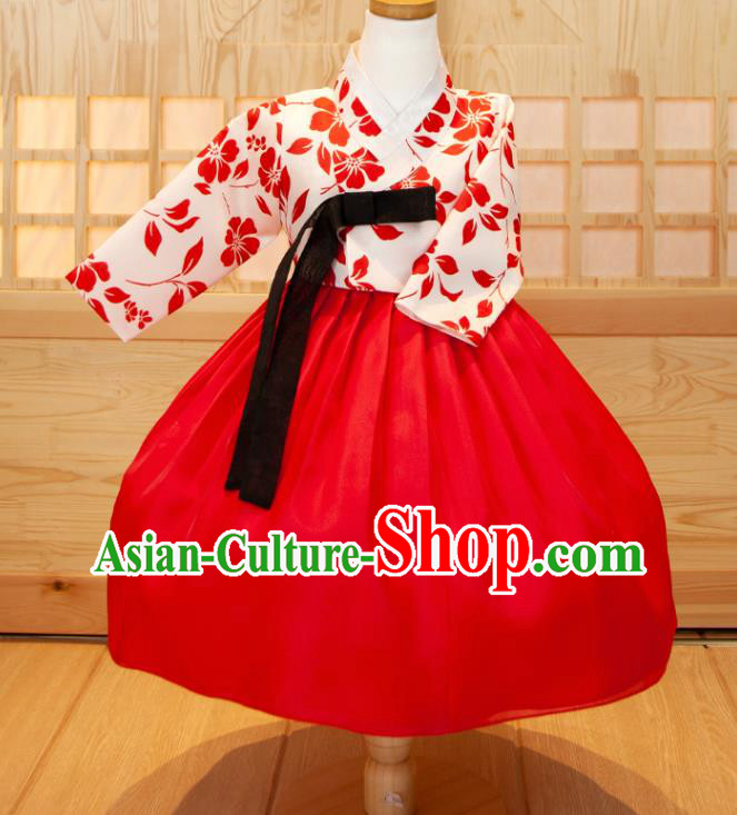 Korea Girl Festival Printing White Shirt and Red Dress Traditional Garment Costumes Children Hanbok Clothing Korean Princess Fashion