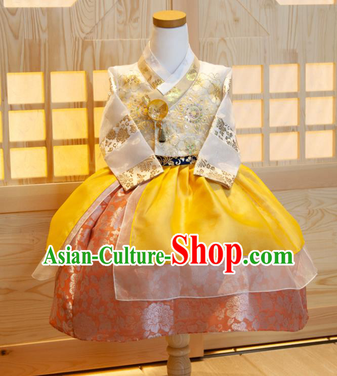 Korean Traditional Garment Costumes Children Hanbok Clothing Princess Fashion Korea Girl Festival White Shirt and Yellow Dress
