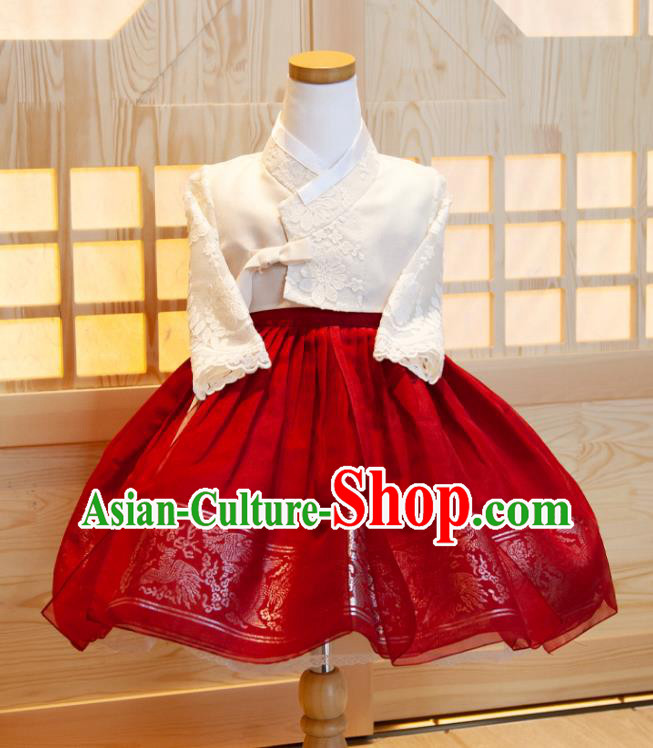 Korea Girl Princess Hanbok Clothing Korean Children Festival Fashion White Lace Shirt and Red Dress Traditional Garment Costumes
