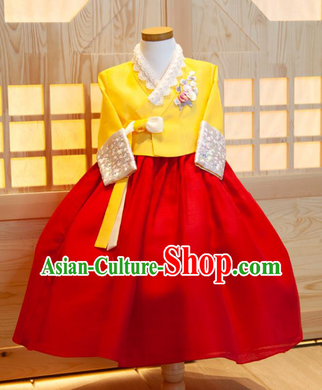 Korea Traditional Garment Costumes Girl Princess Hanbok Clothing Korean Children Festival Fashion Yellow Shirt and Red Dress