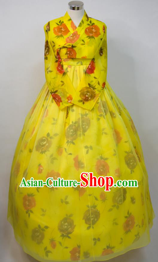 Korean Woman Fashion Printing Yellow Blouse and Dress Traditional Wedding Costumes Court Bride Hanbok Festival Ceremony Clothing