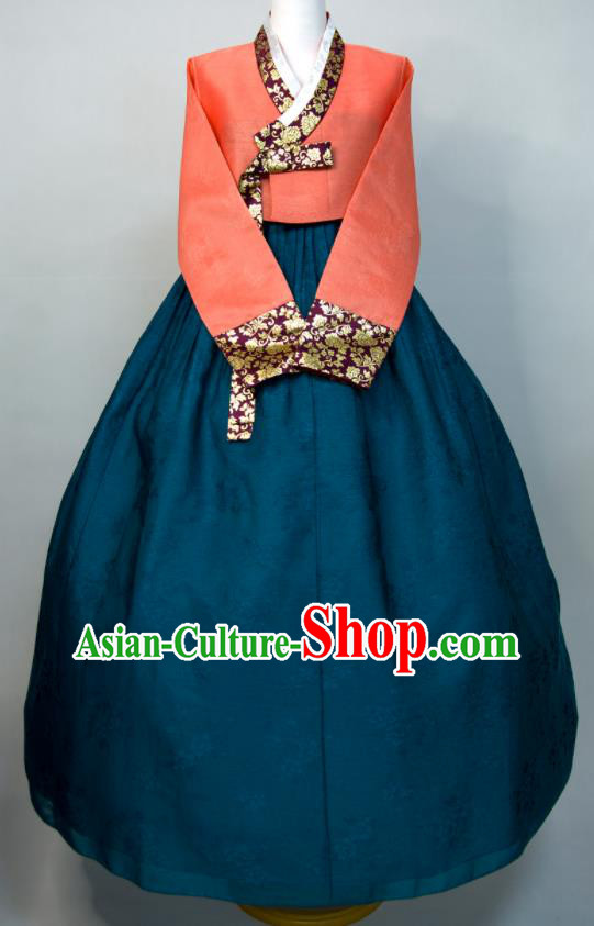 Korean Woman Traditional Fashion Orange Blouse and Navy Dress Wedding Bride Costumes Court Ceremony Hanbok Festival Clothing