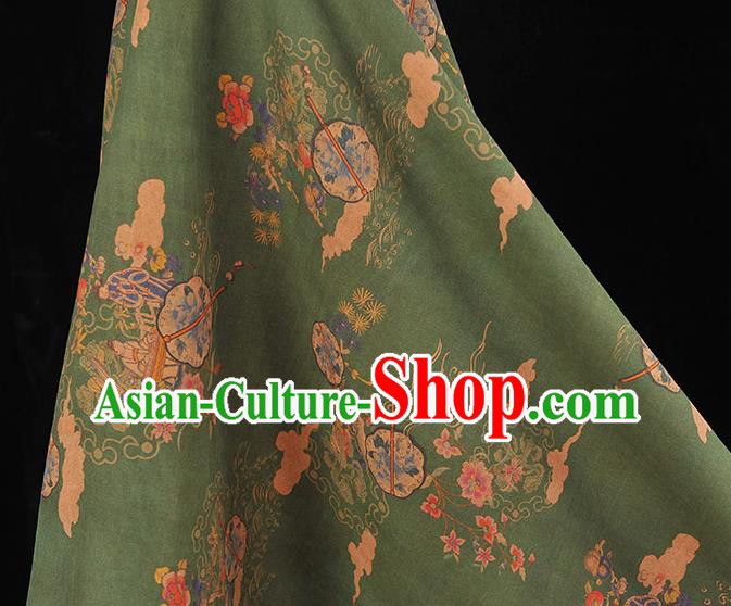Chinese Traditional Peony Fan Pattern DIY Fabric Green Gambiered Guangdong Gauze Cheongsam Silk Cloth