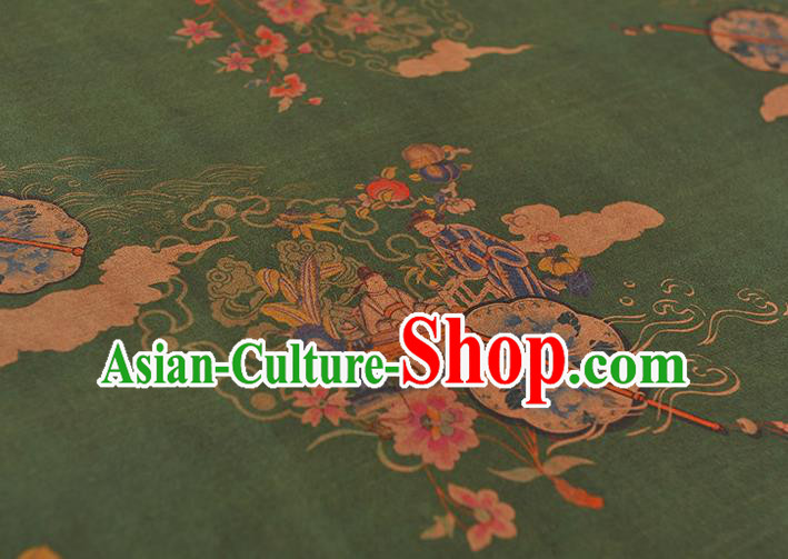 Chinese Traditional Peony Fan Pattern DIY Fabric Green Gambiered Guangdong Gauze Cheongsam Silk Cloth