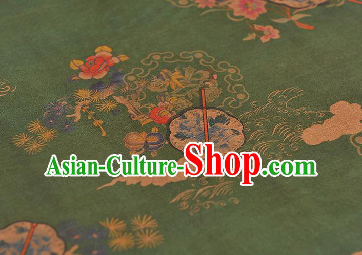 Chinese Traditional Peony Fan Pattern DIY Fabric Green Gambiered Guangdong Gauze Cheongsam Silk Cloth