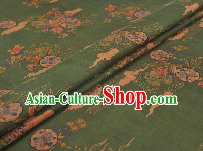 Chinese Traditional Peony Fan Pattern DIY Fabric Green Gambiered Guangdong Gauze Cheongsam Silk Cloth