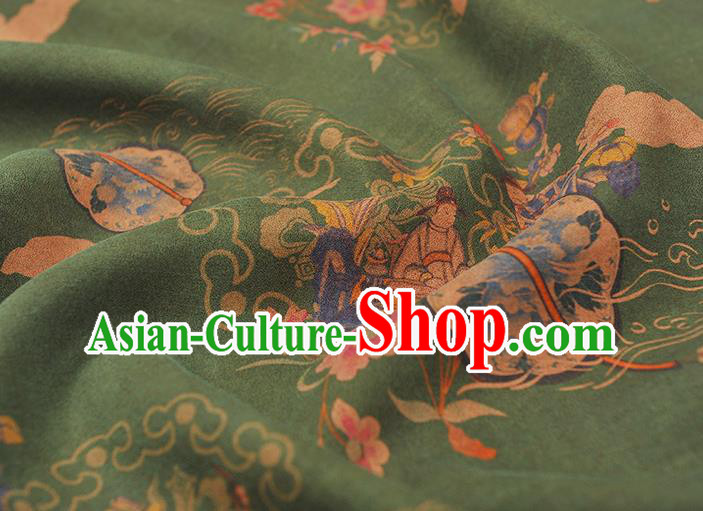 Chinese Traditional Peony Fan Pattern DIY Fabric Green Gambiered Guangdong Gauze Cheongsam Silk Cloth