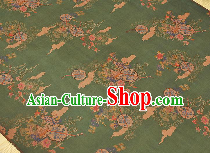 Chinese Traditional Peony Fan Pattern DIY Fabric Green Gambiered Guangdong Gauze Cheongsam Silk Cloth