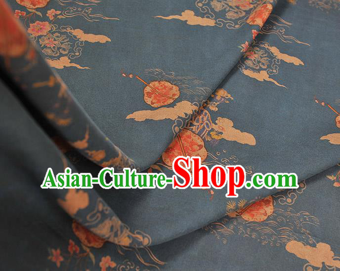 Chinese Cheongsam Silk Cloth Traditional Peony Fan Pattern DIY Fabric Blue Gambiered Guangdong Gauze