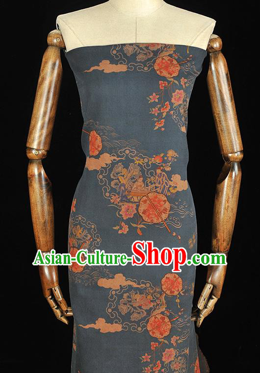 Chinese Cheongsam Silk Cloth Traditional Peony Fan Pattern DIY Fabric Blue Gambiered Guangdong Gauze