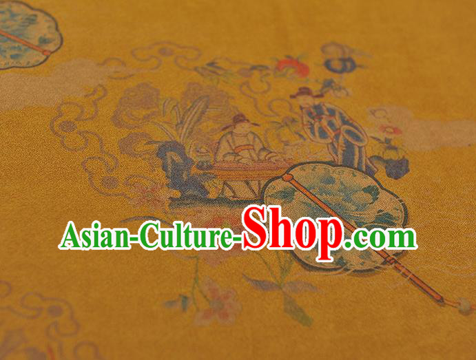 Chinese Yellow Gambiered Guangdong Gauze Cheongsam Silk Cloth Traditional Peony Fan Pattern DIY Fabric