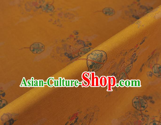 Chinese Yellow Gambiered Guangdong Gauze Cheongsam Silk Cloth Traditional Peony Fan Pattern DIY Fabric