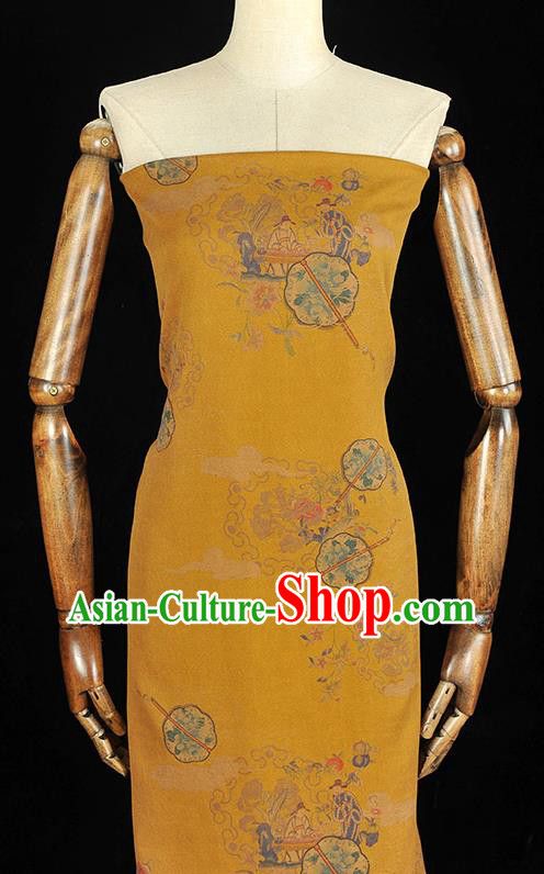 Chinese Yellow Gambiered Guangdong Gauze Cheongsam Silk Cloth Traditional Peony Fan Pattern DIY Fabric