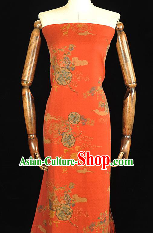 Chinese Traditional Peony Fan Pattern DIY Fabric Red Gambiered Guangdong Gauze Cheongsam Silk Cloth