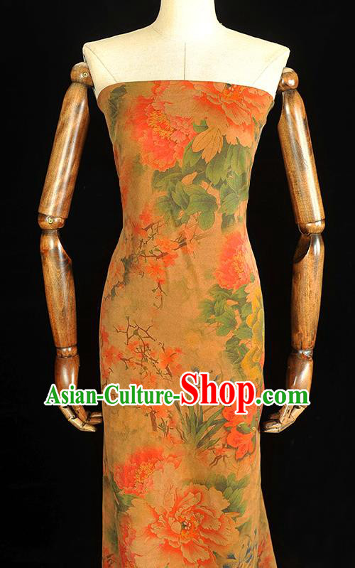 Chinese Ginger Gambiered Guangdong Gauze Cheongsam Silk Cloth Traditional Rich Peony Pattern DIY Dress Fabric
