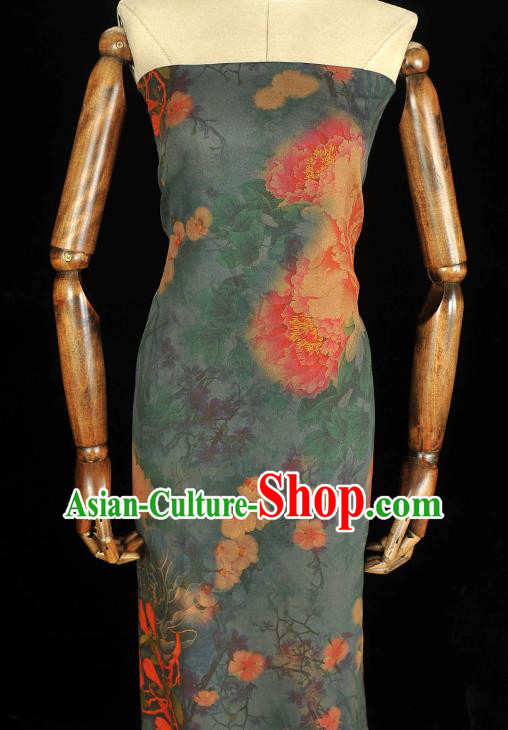 Chinese Traditional Rich Peony Pattern DIY Dress Fabric Blue Gambiered Guangdong Gauze Cheongsam Silk Cloth