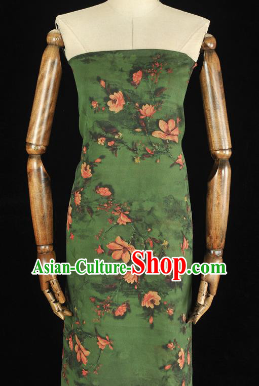 Chinese Deep Green Gambiered Guangdong Gauze Cheongsam Silk Cloth Traditional Mangnolia Pattern DIY Fabric