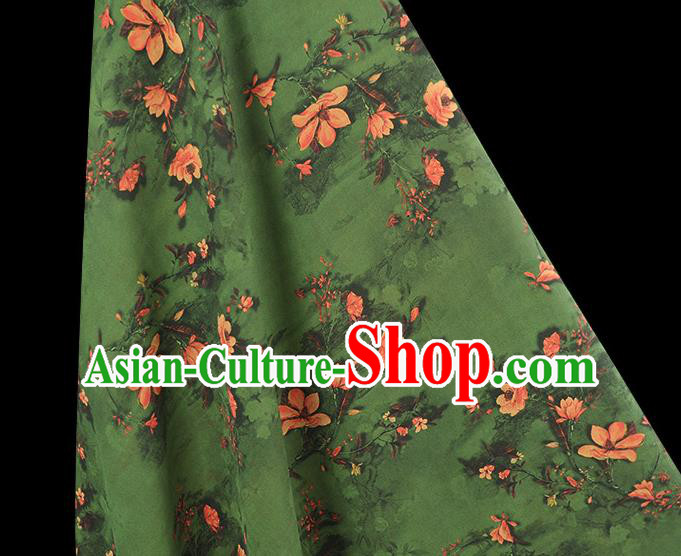 Chinese Deep Green Gambiered Guangdong Gauze Cheongsam Silk Cloth Traditional Mangnolia Pattern DIY Fabric