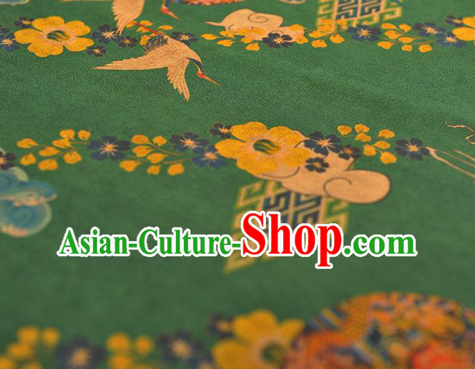 Chinese Cheongsam Silk Cloth Green Gambiered Guangdong Gauze Traditional Cranes Pattern DIY Dress Fabric