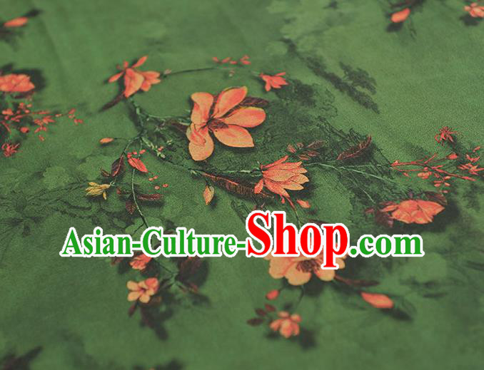 Chinese Deep Green Gambiered Guangdong Gauze Cheongsam Silk Cloth Traditional Mangnolia Pattern DIY Fabric