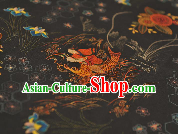 Chinese Traditional Carp Pattern DIY Dress Fabric Cheongsam Silk Cloth Black Gambiered Guangdong Gauze