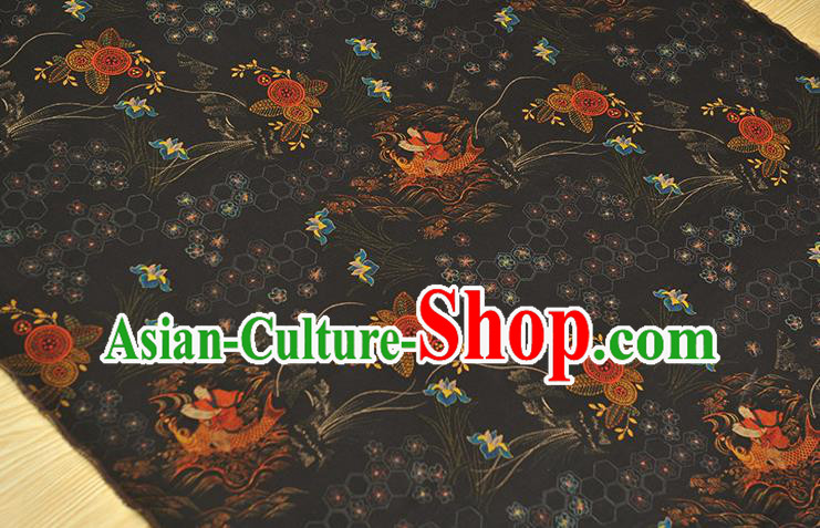 Chinese Traditional Carp Pattern DIY Dress Fabric Cheongsam Silk Cloth Black Gambiered Guangdong Gauze