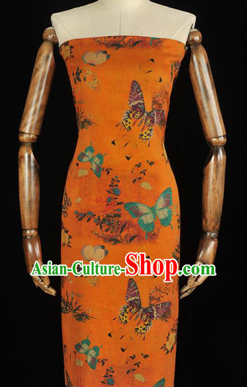 Chinese Traditional Butterfly Pattern Dress Fabric DIY Cheongsam Silk Cloth Orange Gambiered Guangdong Gauze
