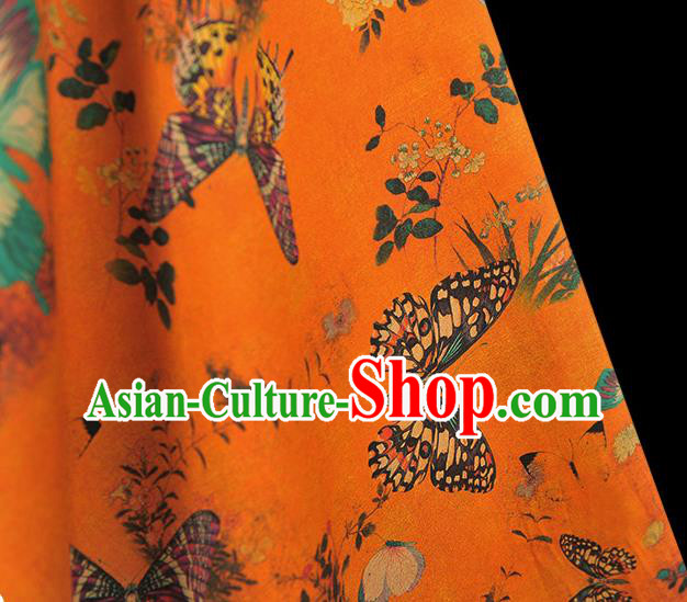 Chinese Traditional Butterfly Pattern Dress Fabric DIY Cheongsam Silk Cloth Orange Gambiered Guangdong Gauze