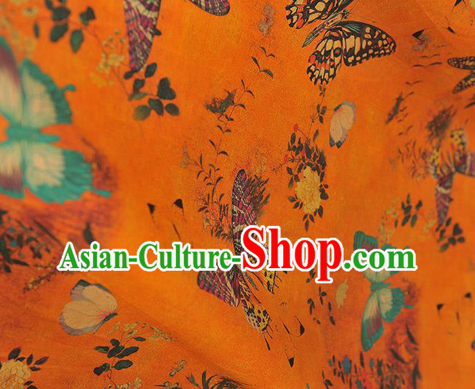 Chinese Traditional Butterfly Pattern Dress Fabric DIY Cheongsam Silk Cloth Orange Gambiered Guangdong Gauze