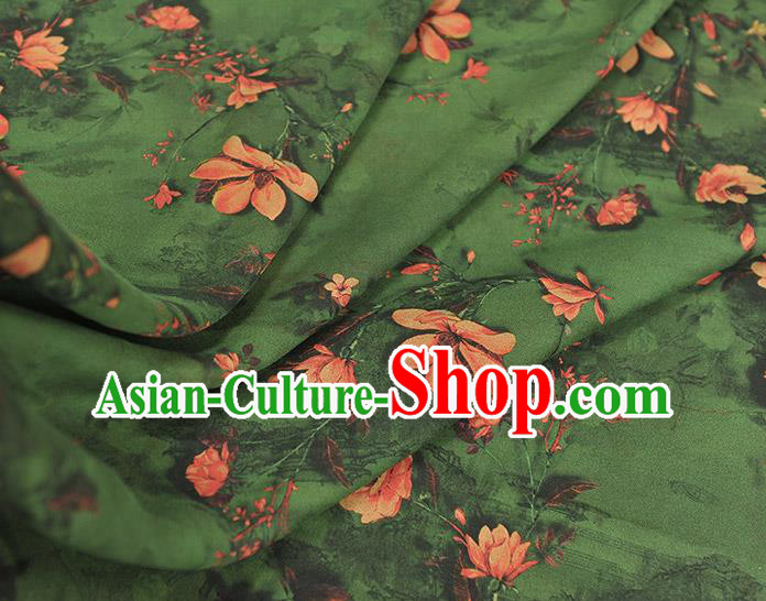 Chinese Deep Green Gambiered Guangdong Gauze Cheongsam Silk Cloth Traditional Mangnolia Pattern DIY Fabric