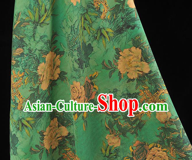 Chinese Traditional Peony Pattern DIY Fabric Green Gambiered Guangdong Gauze Cheongsam Silk Cloth