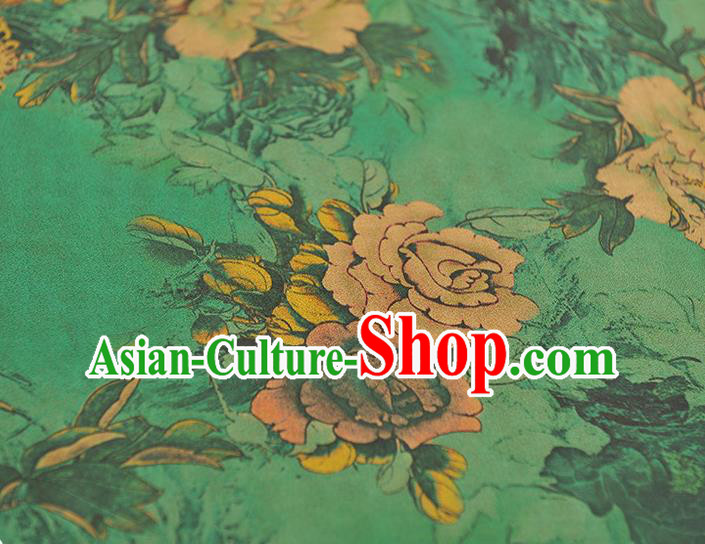 Chinese Traditional Peony Pattern DIY Fabric Green Gambiered Guangdong Gauze Cheongsam Silk Cloth