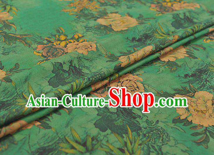 Chinese Traditional Peony Pattern DIY Fabric Green Gambiered Guangdong Gauze Cheongsam Silk Cloth