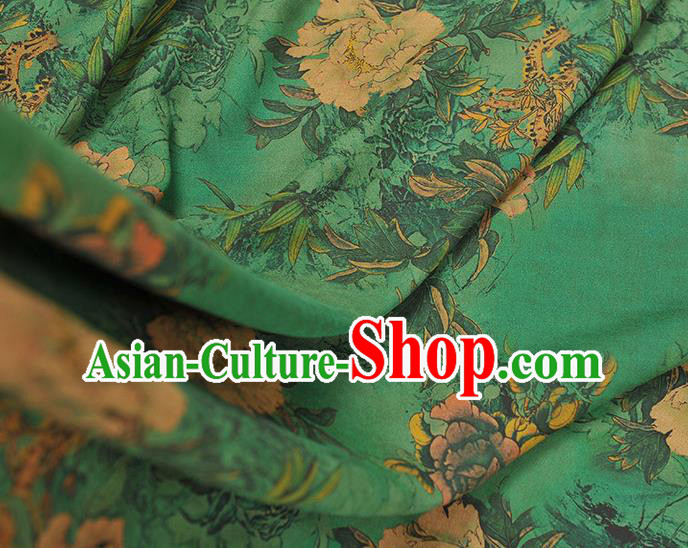 Chinese Traditional Peony Pattern DIY Fabric Green Gambiered Guangdong Gauze Cheongsam Silk Cloth
