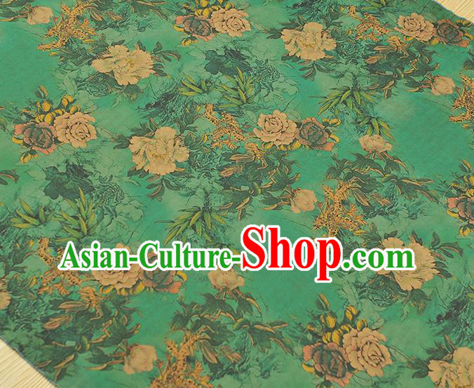 Chinese Traditional Peony Pattern DIY Fabric Green Gambiered Guangdong Gauze Cheongsam Silk Cloth