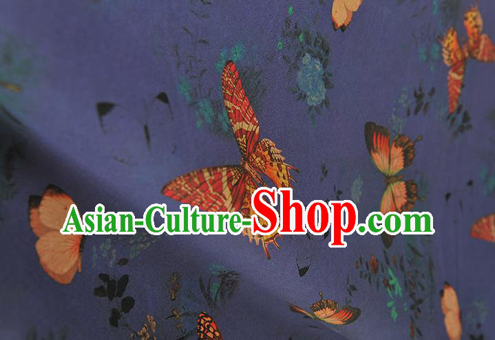 Chinese DIY Cheongsam Silk Cloth Blue Gambiered Guangdong Gauze Traditional Butterfly Pattern Dress Fabric