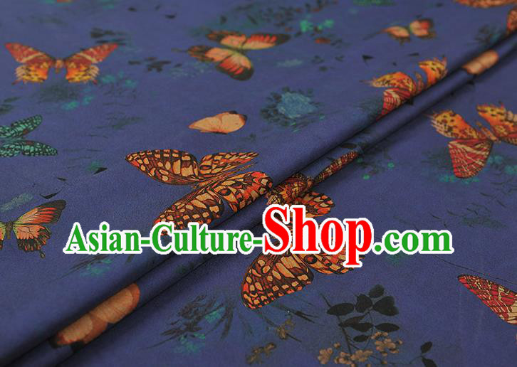 Chinese DIY Cheongsam Silk Cloth Blue Gambiered Guangdong Gauze Traditional Butterfly Pattern Dress Fabric
