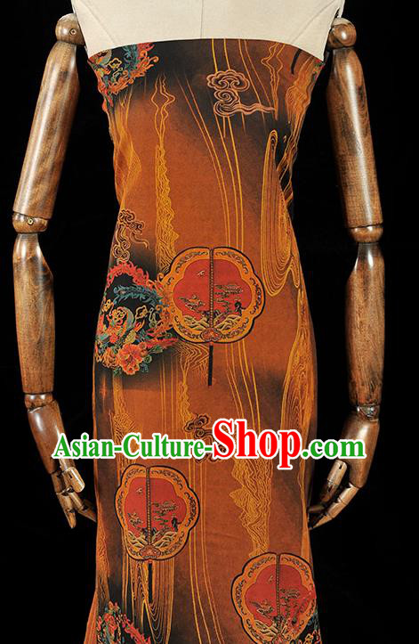 Chinese Traditional Palace Fan Pattern Dress Fabric DIY Cheongsam Silk Cloth Brown Gambiered Guangdong Gauze