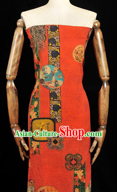 Chinese Cheongsam Silk Cloth Red Gambiered Guangdong Gauze Traditional Flowers Pattern Dress Fabric