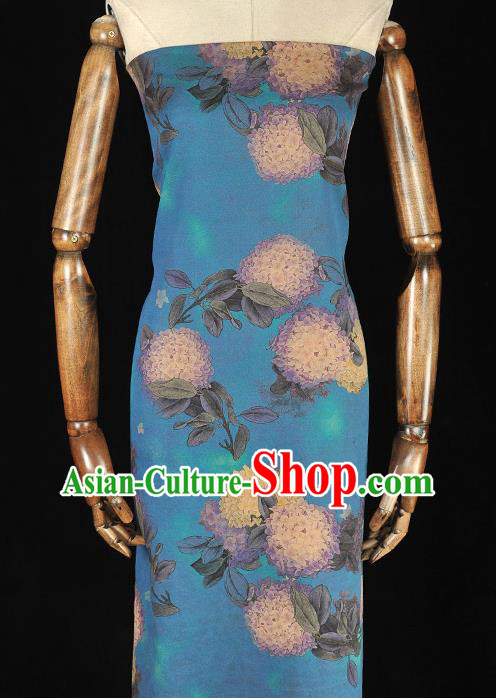 Chinese Silk Cloth Cheongsam Blue Gambiered Guangdong Gauze Traditional Hydrangea Pattern Dress Fabric