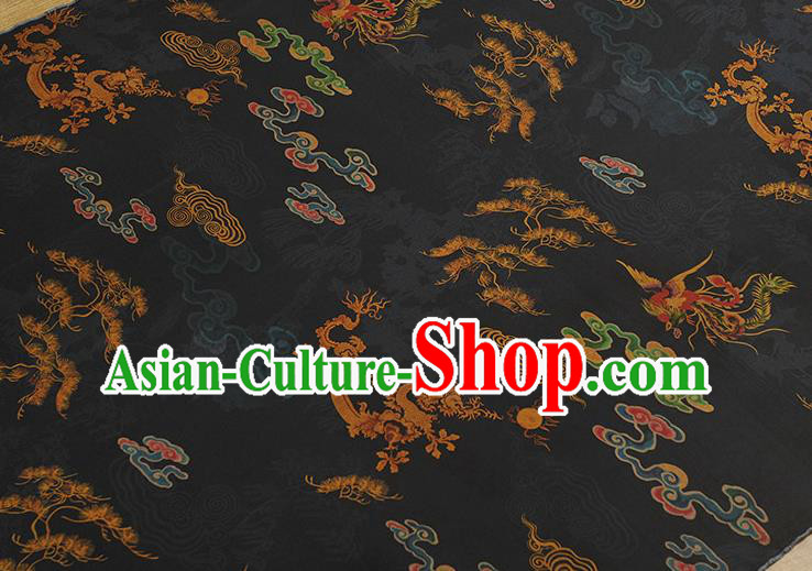 Chinese Cheongsam Silk Cloth Black Gambiered Guangdong Gauze Traditional Dragon Phoenix Pattern Dress Fabric