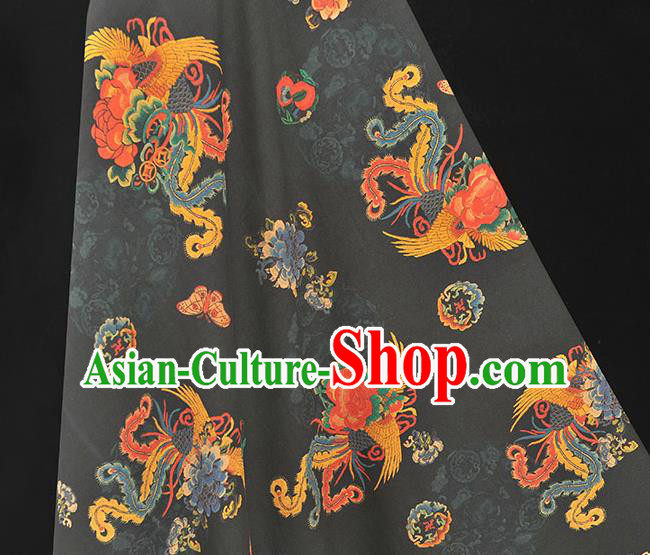 Chinese Cheongsam Silk Cloth Black Gambiered Guangdong Gauze Traditional Phoenix Pattern Dress Fabric
