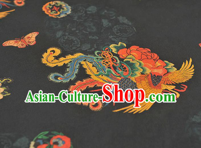 Chinese Cheongsam Silk Cloth Black Gambiered Guangdong Gauze Traditional Phoenix Pattern Dress Fabric